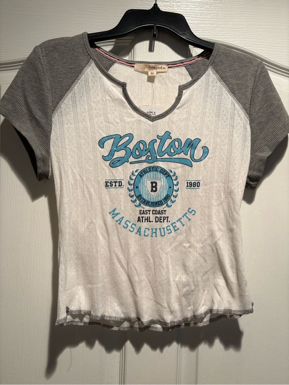 Kohl's White Tee with Gray Sleeves and Blue Boston Graphic